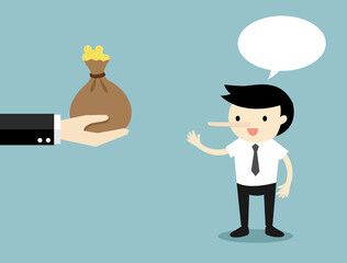 Business concept, Hand offers money to lying businessman. Vector illustration