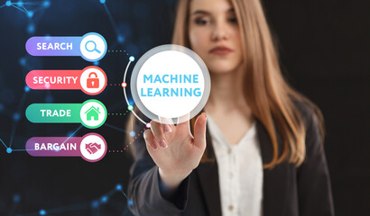 Business, Technology, Internet and network concept. Young businessman working on a virtual screen of the future and sees the inscription: Machine learning