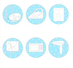 icons with household appliances on a blue background with bubbles