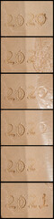 A collage of frames with the inscription 2020 on the sand, which was washed away by a wave, turning into 2021 for new year or christmas. Holidays in hot countries in December.