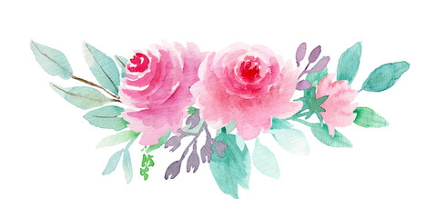 Spring watercolor botanical illustration. Bouquets with Pink rose, Mint leaves and Eucalyptus branches. Perfect for wedding invitations, cards, frames, posters, packing, textile and more