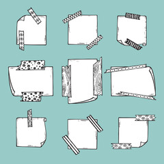 Strips of Masking Tape and Note Paper Set. Hand Drawn Doodle Sticky tape with Paper. Scotch patterned Adhesive tape collection. Vector illustration
