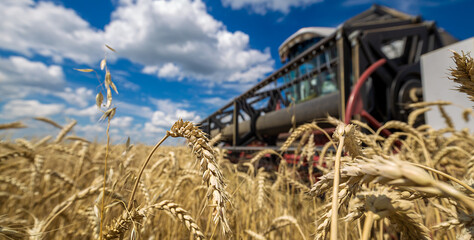 Combine harvester working on a wheat field. Seasonal harvesting the wheat. Agriculture.