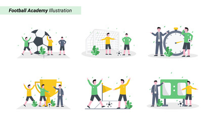 Naklejka premium Flat vector illustration of the coach trains soccer academy participants, physical, skill and health