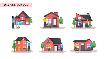 Flat vector illustration of property, home and real estate ads display sellers and buyers