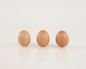 some chicken eggs laid out stand isolated on white background. These health premium eggs are commonly used for advertising or promo materials.