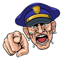 An angry policeman police officer pointing at the viewer and shouting cartoon