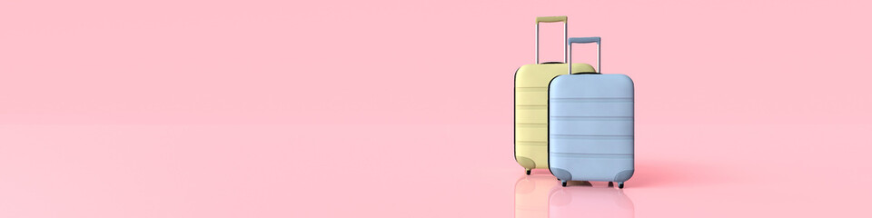Luggage bags in pastel colors web banner. Travel concept mockup with copy space.