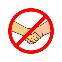 No handshake icon with red forbidden sign, avoiding physical contact and corona virus infection