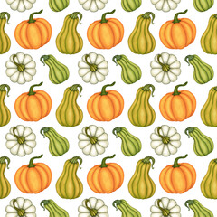 Seamless pattern of three watercolor different color and form pumpkin, farm vegetables. Fall season, harvesting. Hand drawn background for design autumn poster, fabric, wrapping paper, scrapbooking