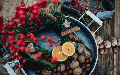 christmas decoration on wooden background