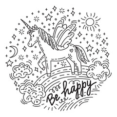 Doodle unicorn be happy