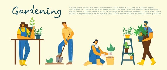 Fototapeta premium Young man and woman gardener holding a flower pot. Vector illustration in a flat style