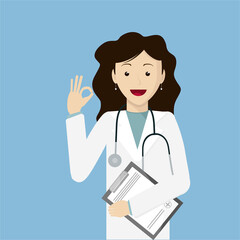 Fototapeta na wymiar A girl doctor holds a sheet of illness and shows with her fingers that everything is in order. Smiling medical professional in a white coat. Vector image.