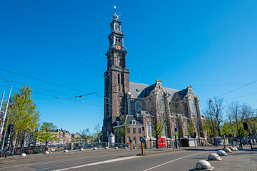 City scenic from Amsterdam with the Westerkerk in the Netherlands