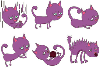 Set of purple cat stickers in different poses in cartoon style. Vector illustration