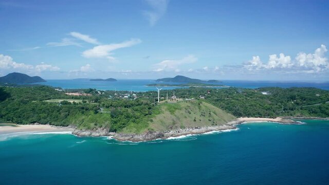 aerial view from mountain on pha hin dam to see nai harn beach and promtep cape