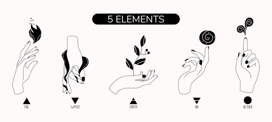 The five elements of nature with hands. Vector illustrations.