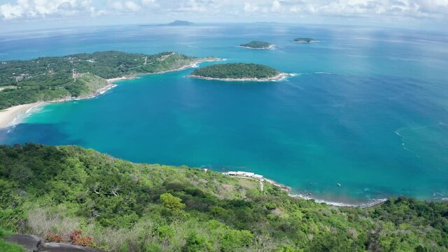 aerial view from mountain on pha hin dam to see nai harn beach and promtep cape