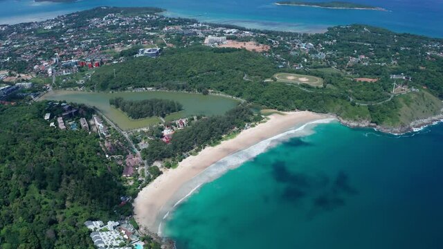 aerial view from mountain on pha hin dam to see nai harn beach and promtep cape