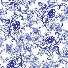 Blue floral watercolor texture pattern with flowers. 