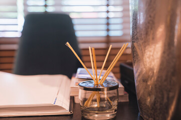 close up working chair with wooden table working top home design concept