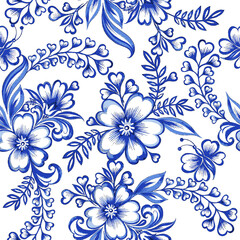 Fototapeta premium Blue floral watercolor texture pattern with flowers. 