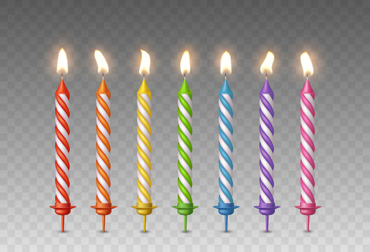 Candles with burning fire flame for birthday cake isolated on transparent background. Vector 3d realistic color candlelight elements set