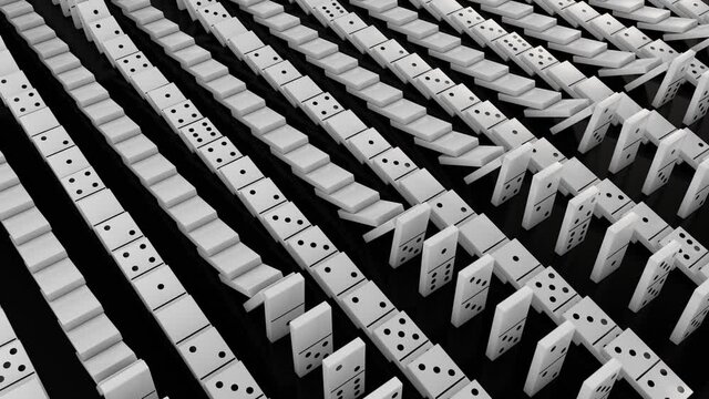 3D animation of many Domino elements. The fall begins, the Domino effect. The figures are falling in lines do not intersect.