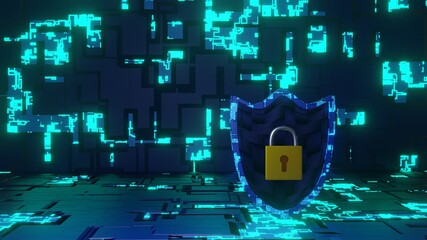 Abstract Cyber Security Shield in Futuristic Circuit Board Look and Carbon Fiber texture on Background. 3D Rendered. 8K. (right side)