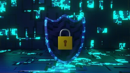 Abstract Cyber Security Shield in Futuristic Circuit Board Look and Carbon Fiber texture on Background. 3D Rendered. 8K. (middle)