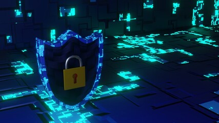 Abstract Cyber Security Shield in Futuristic Circuit Board Look and Carbon Fiber texture on Background. 3D Rendered. 8K. (left side)