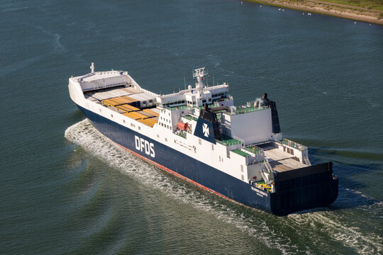 ROTTERDAM, THE NETHERLANDS - SEP 2, 2017: Ro-Ro cargo ship from DFDS Seaways leaving the Port of Rotterdam to the North Sea.