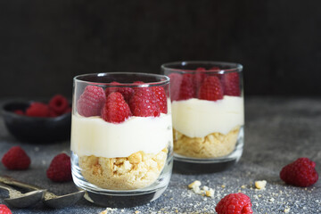 Cheesecake with raspberries in a glass on a concrete background. Classic dessert.