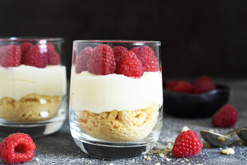 Cheesecake with raspberries in a glass on a concrete background. Classic dessert.