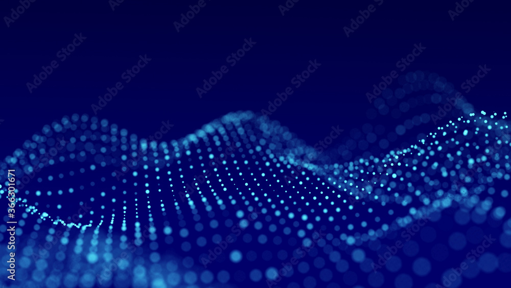 Poster digital dynamic wave of particles. abstract blue futuristic background. big data visualization. 3d r