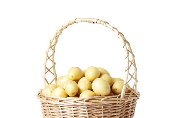 Golden Potatoes in a basket isolated on a white background.