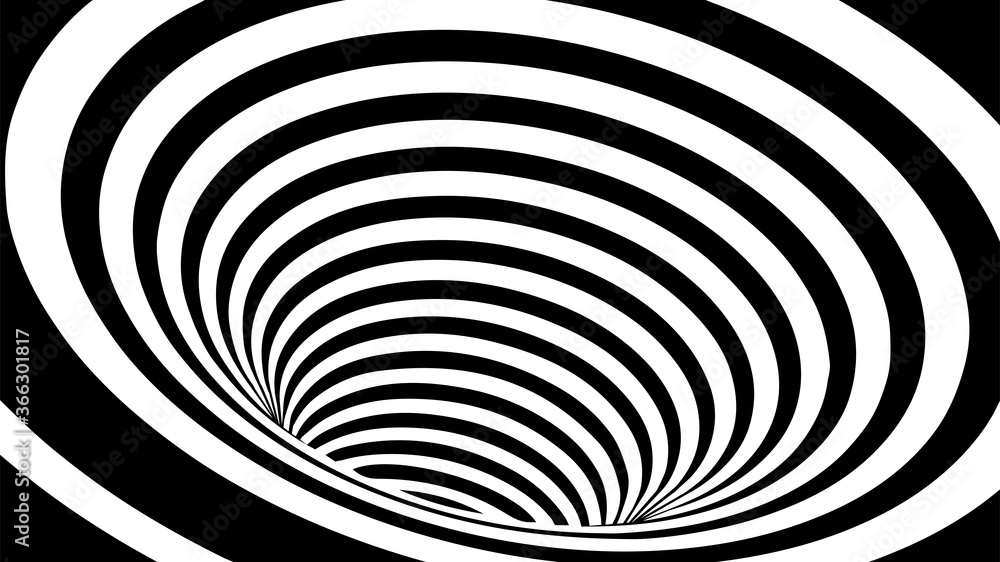 Poster vector optical illusion with black and white lines. technology tunnel. abstract curve background.