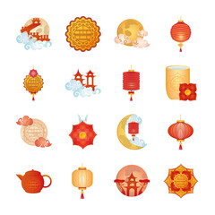 set of icons mid autumn festival or chinese moon festival