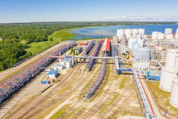 Aerial view of Liquid Bulk petroleum and gasoline terminals, pipeline operations, distributes petroleum products.