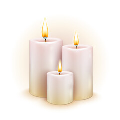 Set of realistic vector white candles with fire on transparent background. Cylindrical aromatic candles with burning flames
