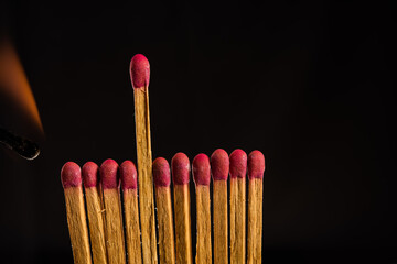 one in the crowd concept of matchstick with flames,