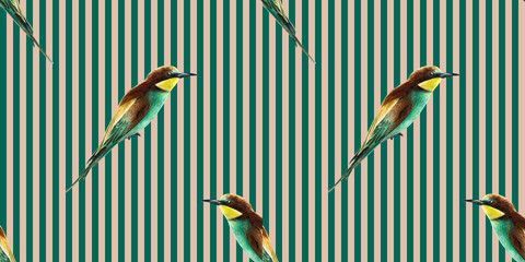 Hand drawn seamless pattern with watercolor birds.