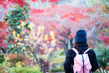 happy woman tourist traveling in Tenryuji temple at Arashiyama, young Asian traveler visit in...