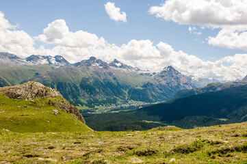 Pontresina, Oberengadin, Corviglia, Stazerwald, Muottas Muragl, Piz Muragl, Schafberg, Alp Languard, Bernina, Wanderweg, Alpen, Graubünden, Sommer, Schweiz
