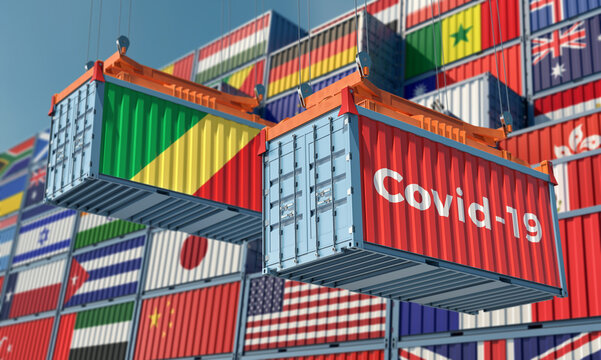 Container with Coronavirus Covid-19 text on the side and container with Republic of the Congo Flag. Concept of international trade and travel spreading the Corona virus. 3D Rendering © Marius Faust