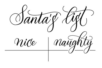 Handwritten modern brush calligraphy Santa's List Nice and Naughty on white background. Vector illustration.