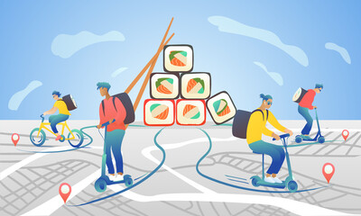 Young couriers travel by transport delivering sushi rolls against the background of the map and the sky. Large conceptual sushi pyramid. The concept of fast delivery on a moped, electric scooter.
