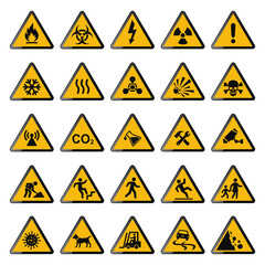 Set of warning signs. Triangle yellow warnings of safety and road sign