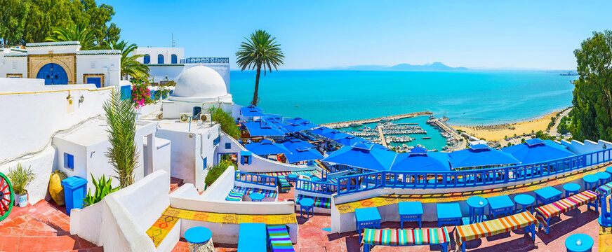 The stunning seascape from the open terrace of traditional restaurant in Sidi Bou Said, Tunisia